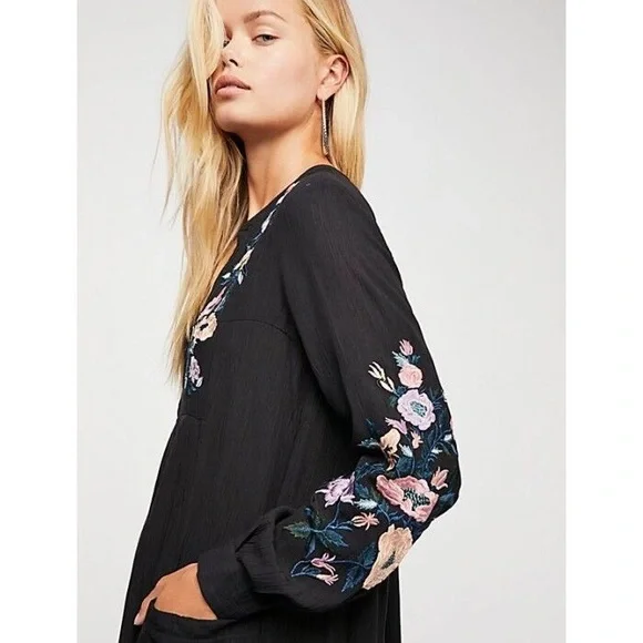 Free People Black Floral Embroidered Mini Dress - Picture 4 of 11